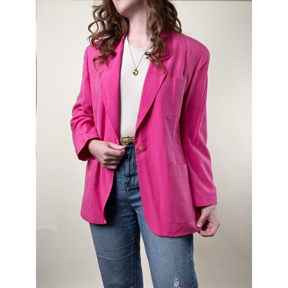 Vintage 100% Silk Oversized Blazer Jacket Long Coat Barbiecore Hot Pink Barbie